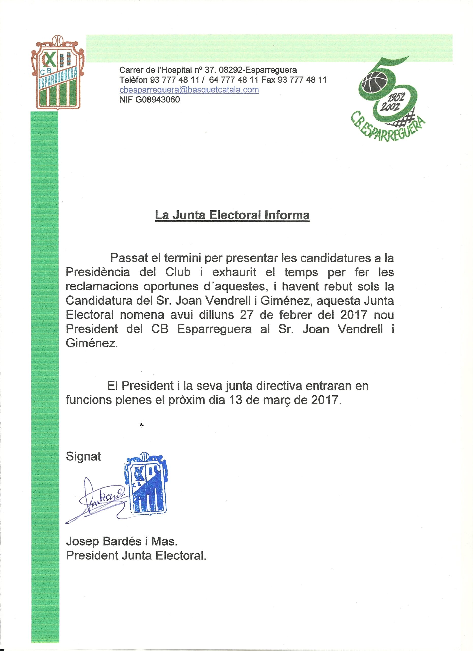 Joan Vendrell és nomenat nou president del CB Esparreguera