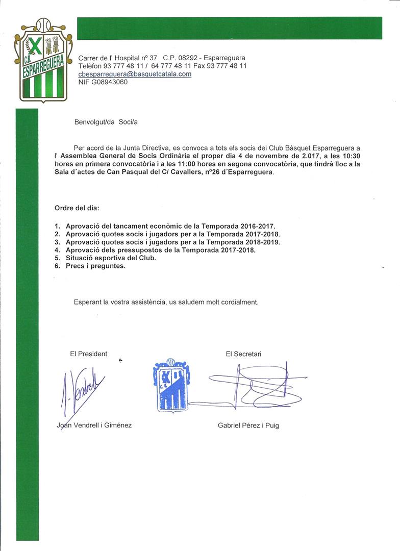 Convocatòria de l’Assamblea General de Socis Ordinària pel proper 4 de novembre
