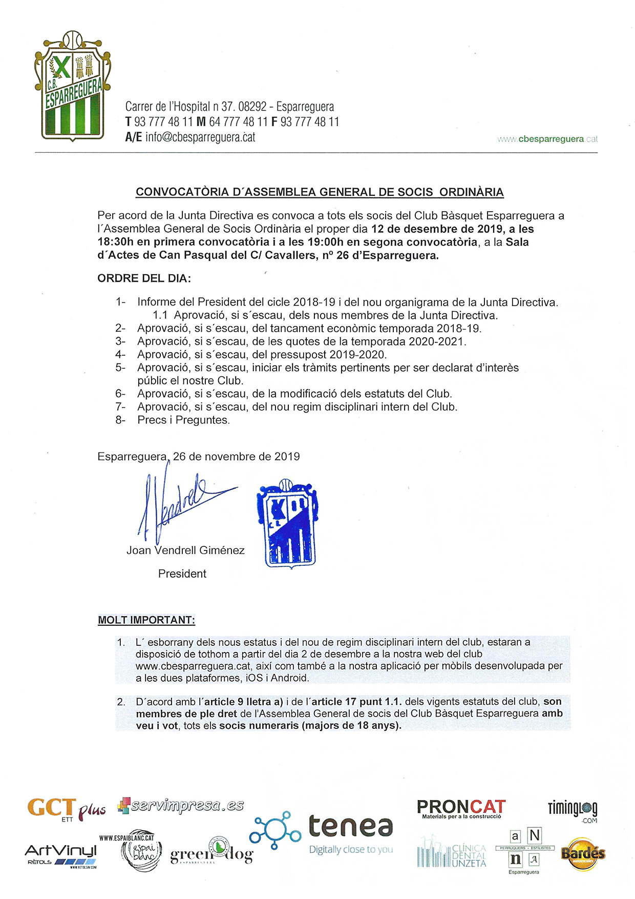 Assamblea de socis convocada